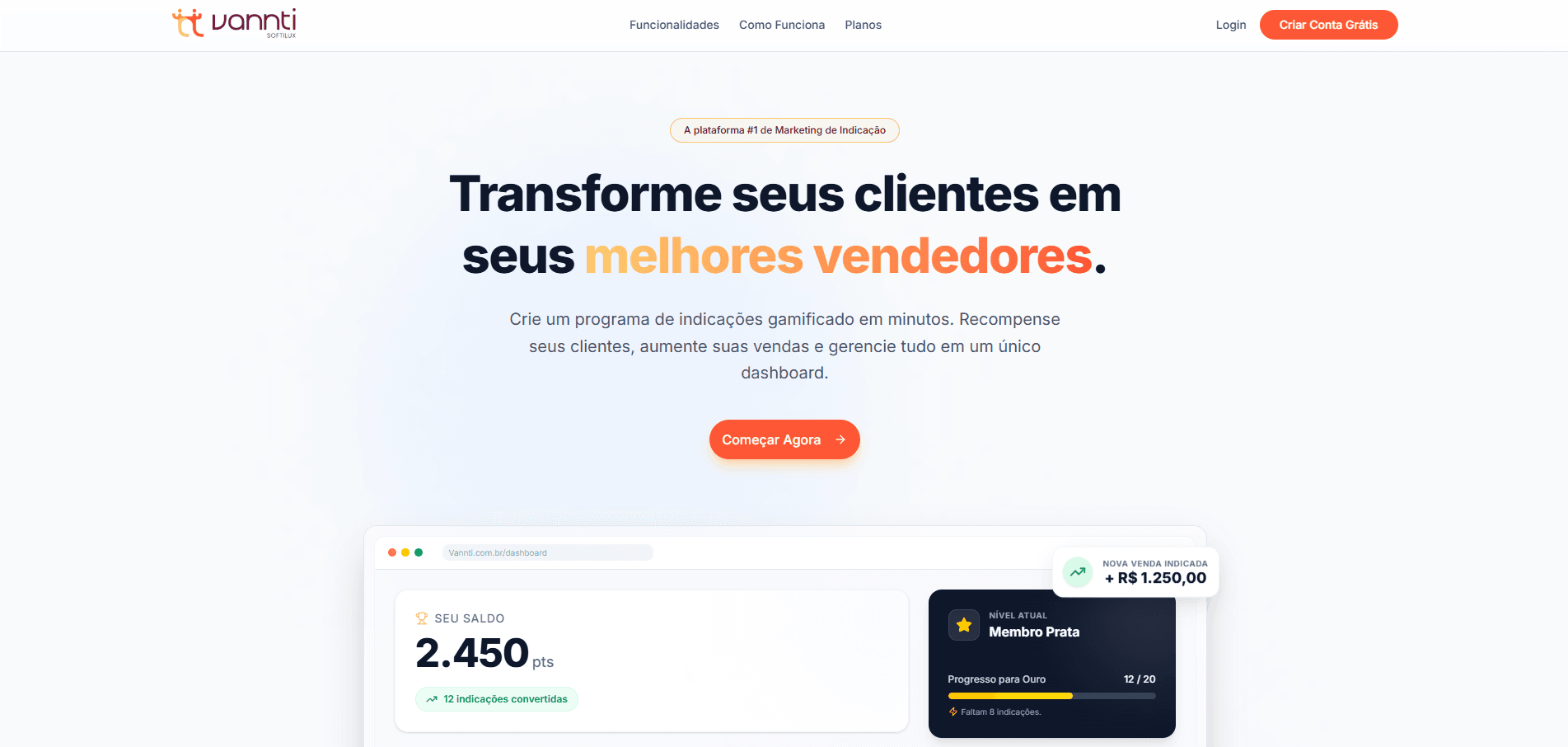 Interface do software Vannti mostrando sistema de pontuação e recompensas
